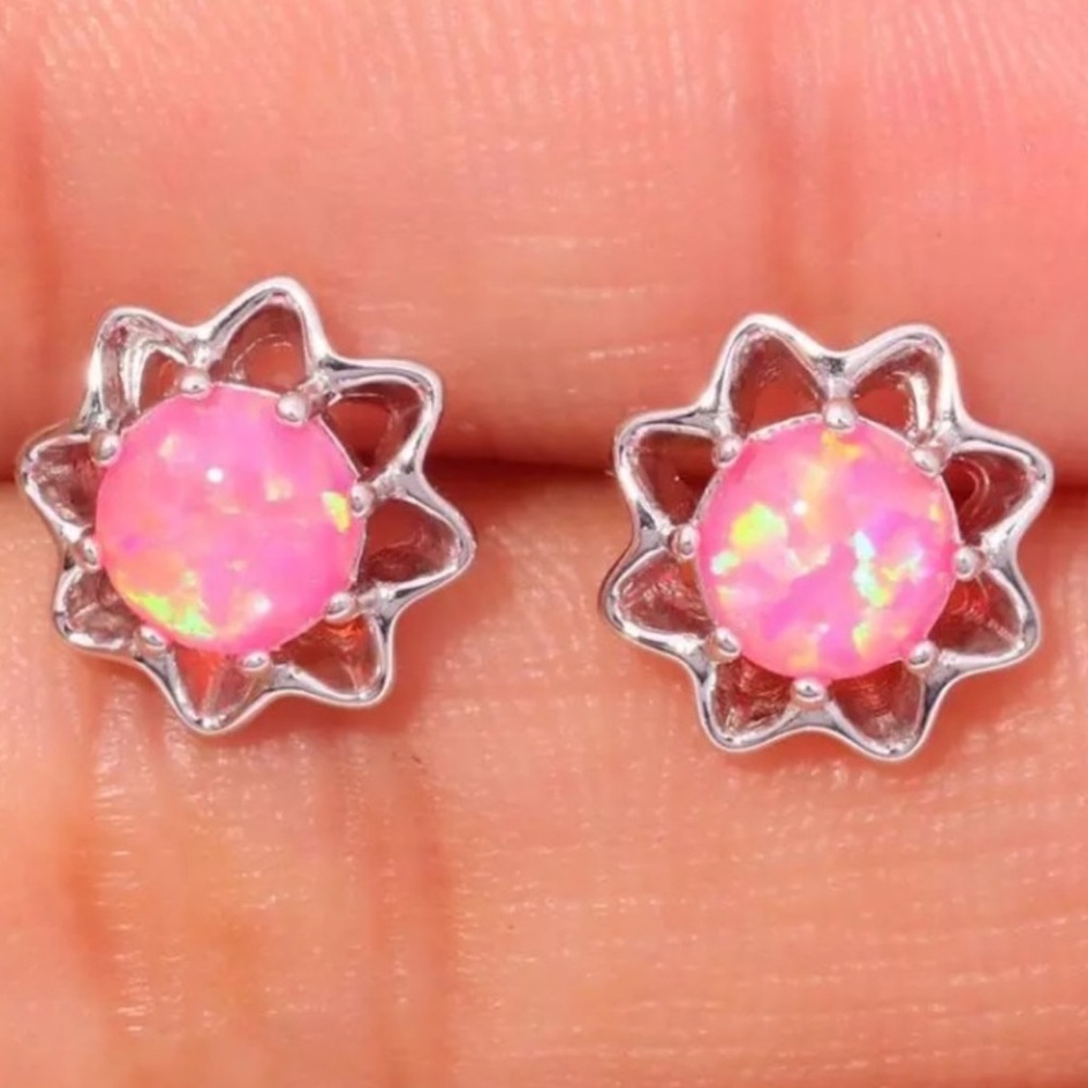 - Pink Fire Opal Silver Starburst Earrings! NEW!
